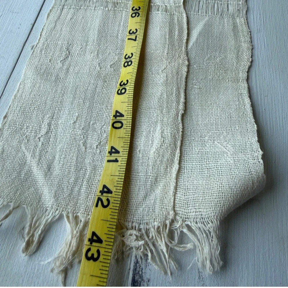 Vintage Handwoven Linen Textile Table Runner Cream White Fringe Frayed Edge 42in